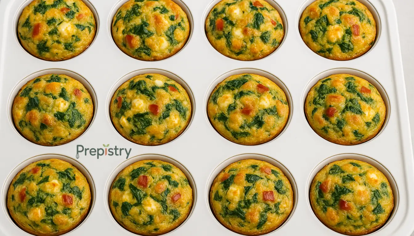 Spinach & Feta Egg Muffins A close-up of spinach and feta egg muffins in a white muffin tin, with vibrant colors.