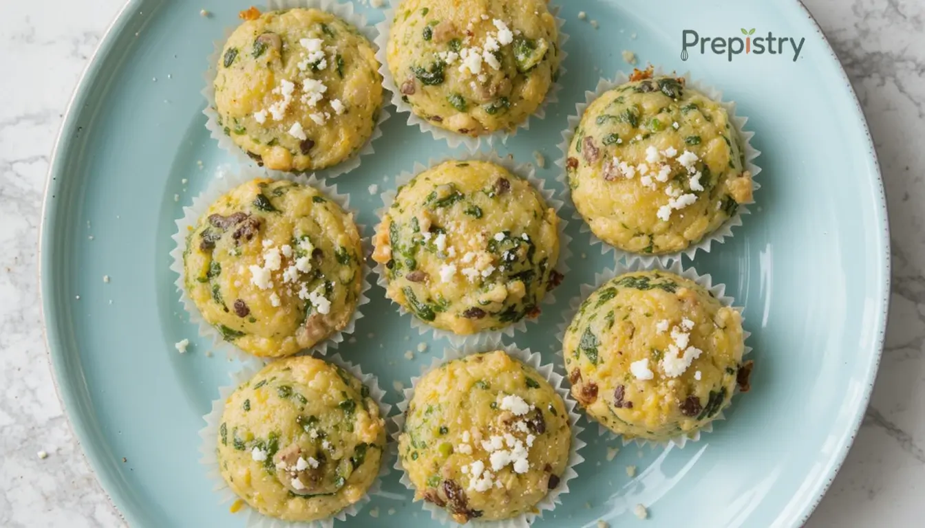 Spinach & Mushroom Egg Muffins Golden spinach and mushroom egg muffins with feta cheese, arranged on a blue plate.