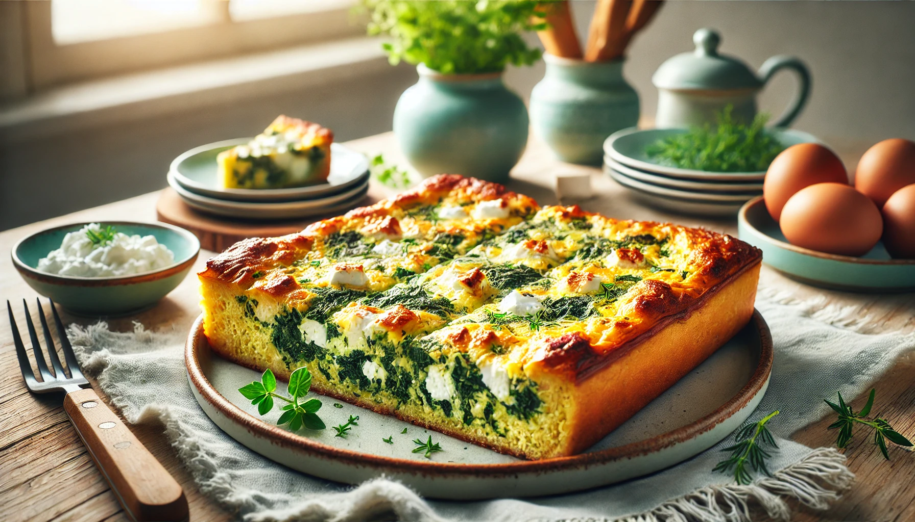 Spinach and Feta Greek Egg Bake Spinach and feta egg bake served with fresh herbs and cottage cheese.