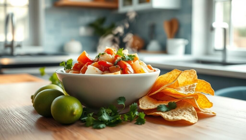 Steaming hot seafood ceviche in a simple white bowl, fresh limes, cilantro, and crisp tortilla chips arranged neatly on a wooden table. Soft, natural lighting from a large window casts gentle shadows, highlighting the vibrant colors and textures. The serene, minimalist kitchen setting has light blue accents, clean lines, and a sense of calm. The overall mood is one of healthy, refreshing, and no-fuss nourishment.