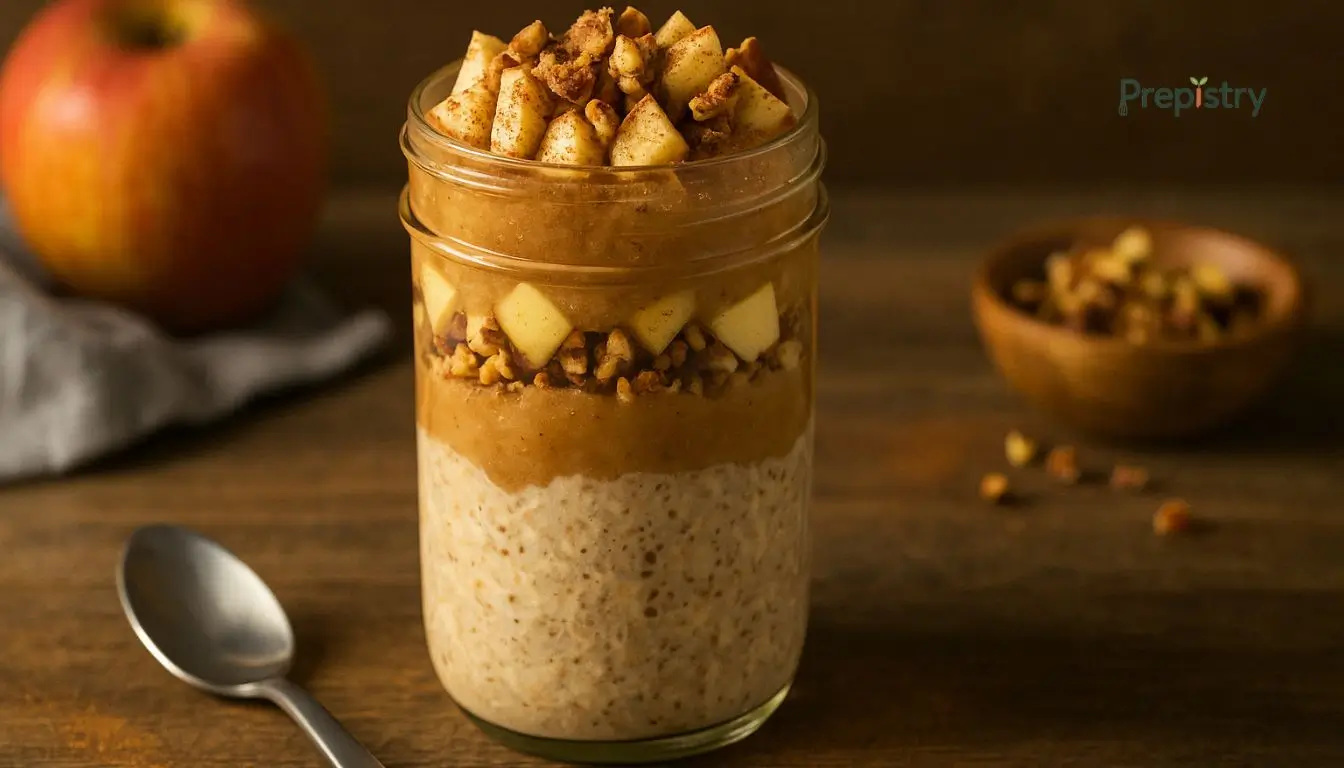 Sugar-Free Cinnamon Apple Overnight Oat Parfait Layered oat parfait with cinnamon apples, applesauce, and walnuts in a glass jar