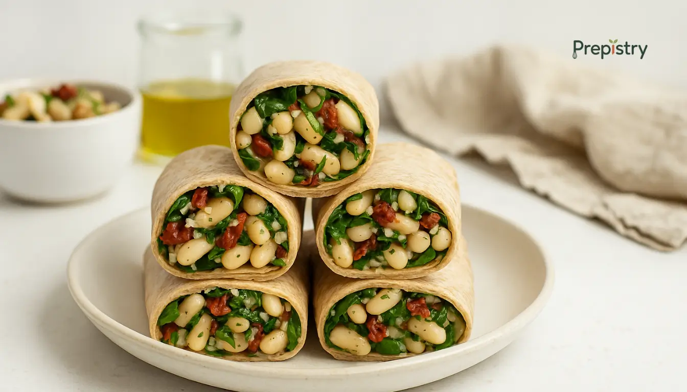 Sun-Dried Tomato and White Bean Salad Wraps Fresh sun-dried tomato and white bean salad wraps stacked on a white plate with olive oil behind.