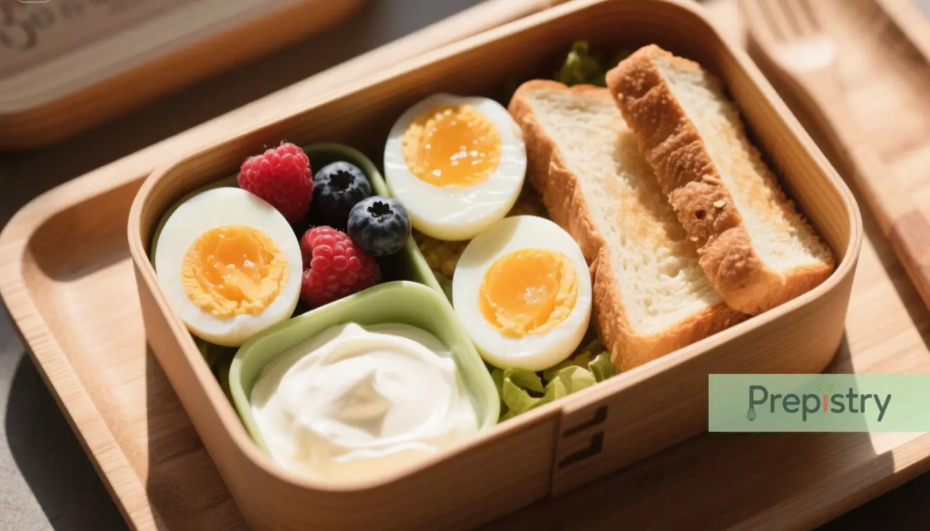 Sunrise Bento Breakfast Box A bamboo bento box filled with soft-boiled eggs, berries, yogurt, and toast arranged for a fresh breakfast.