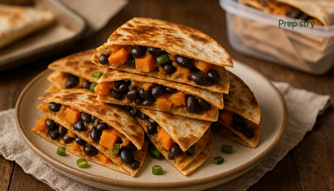 Sweet Potato & Black Bean Freezer Breakfast Crispy sweet potato and black bean quesadillas stacked on a beige plate