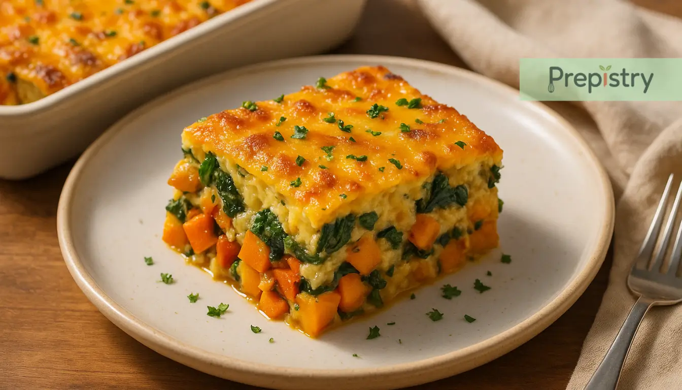 A slice of sweet potato egg casserole with spinach and cheddar on a ceramic dish