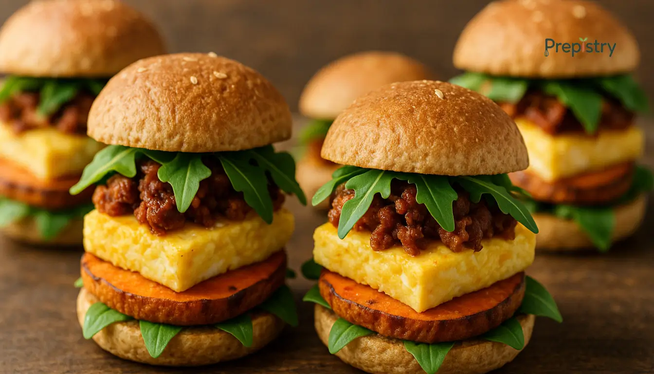 Sweet Potato and Chorizo Breakfast Sliders Mini breakfast sliders with sweet potato, egg, chorizo, and arugula on whole wheat buns