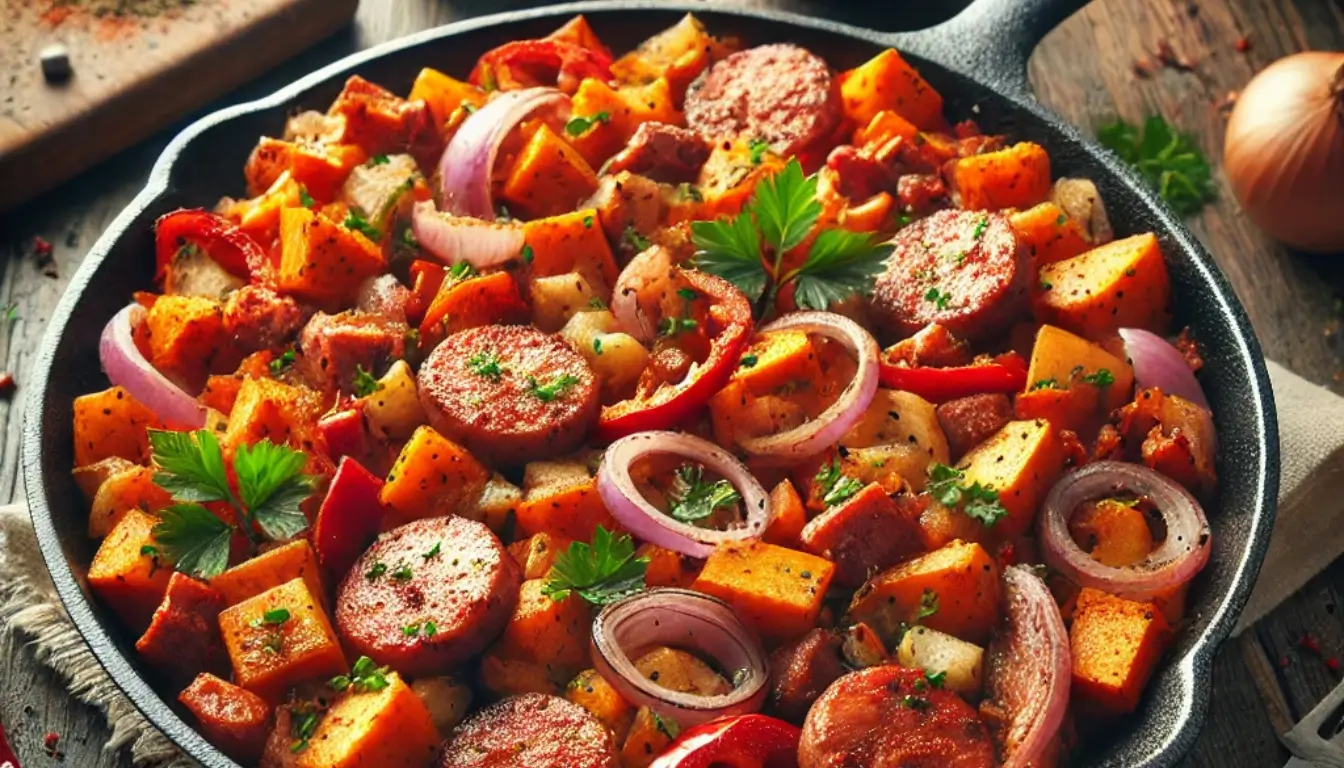 Sweet Potato and Turkey Breakfast Skillet A savory skillet meal with sausage, sweet potatoes, and onions.