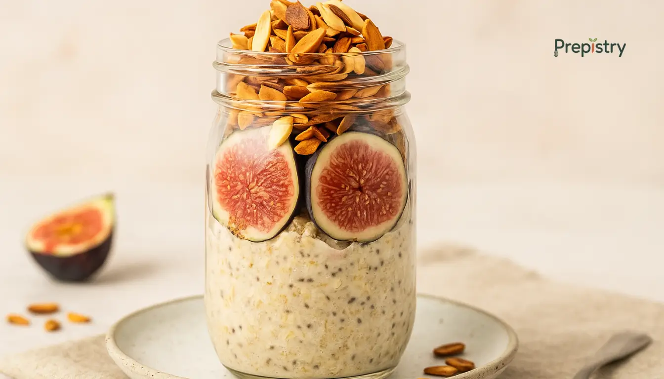 Toasted Almond Fig Overnight Oats Glass jar filled with overnight oats, topped with fresh fig slices and toasted almonds