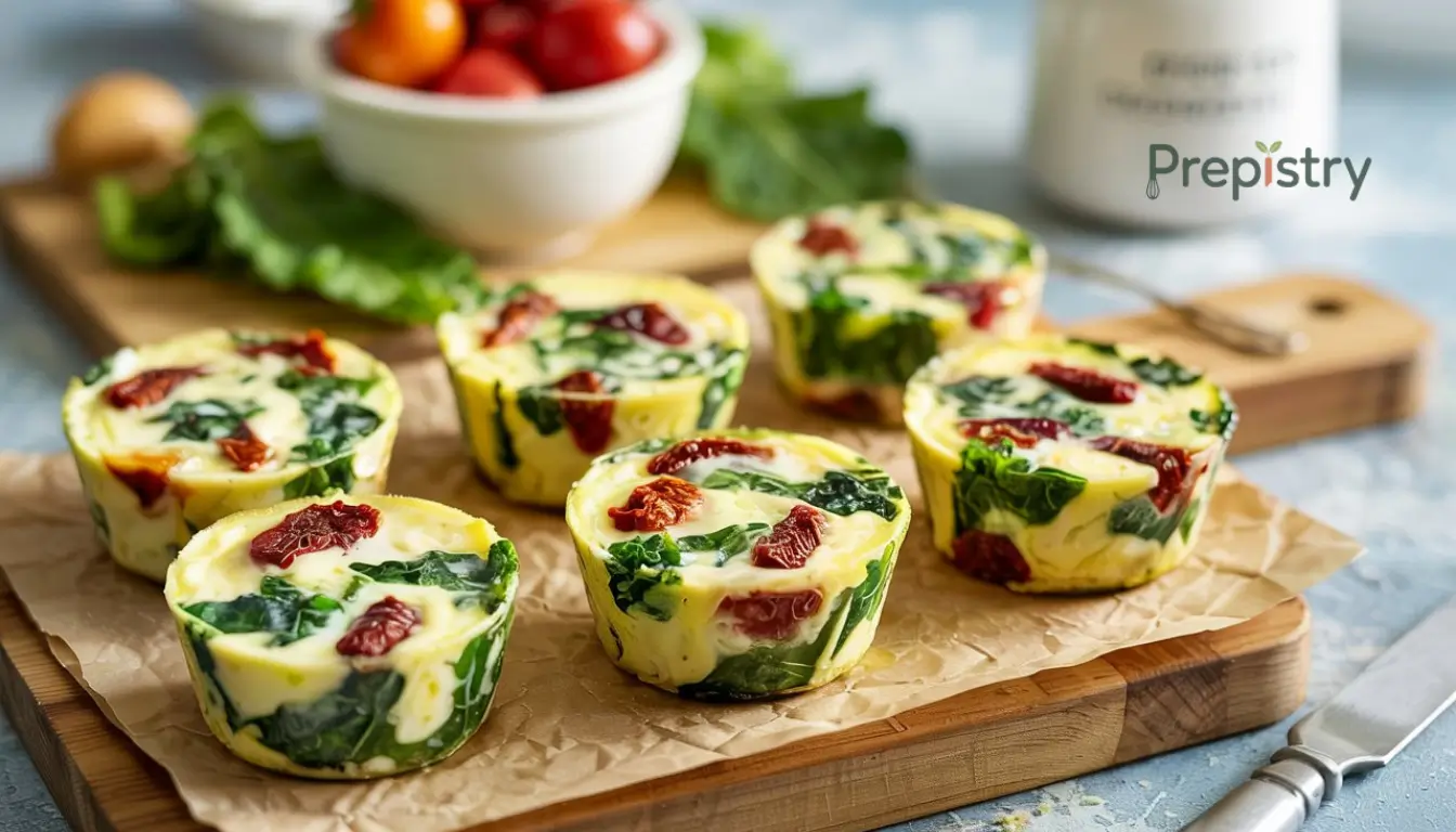 Tomato Kale Egg White Frittata Cups Baked egg white frittata cups filled with kale and sun-dried tomatoes on parchment.