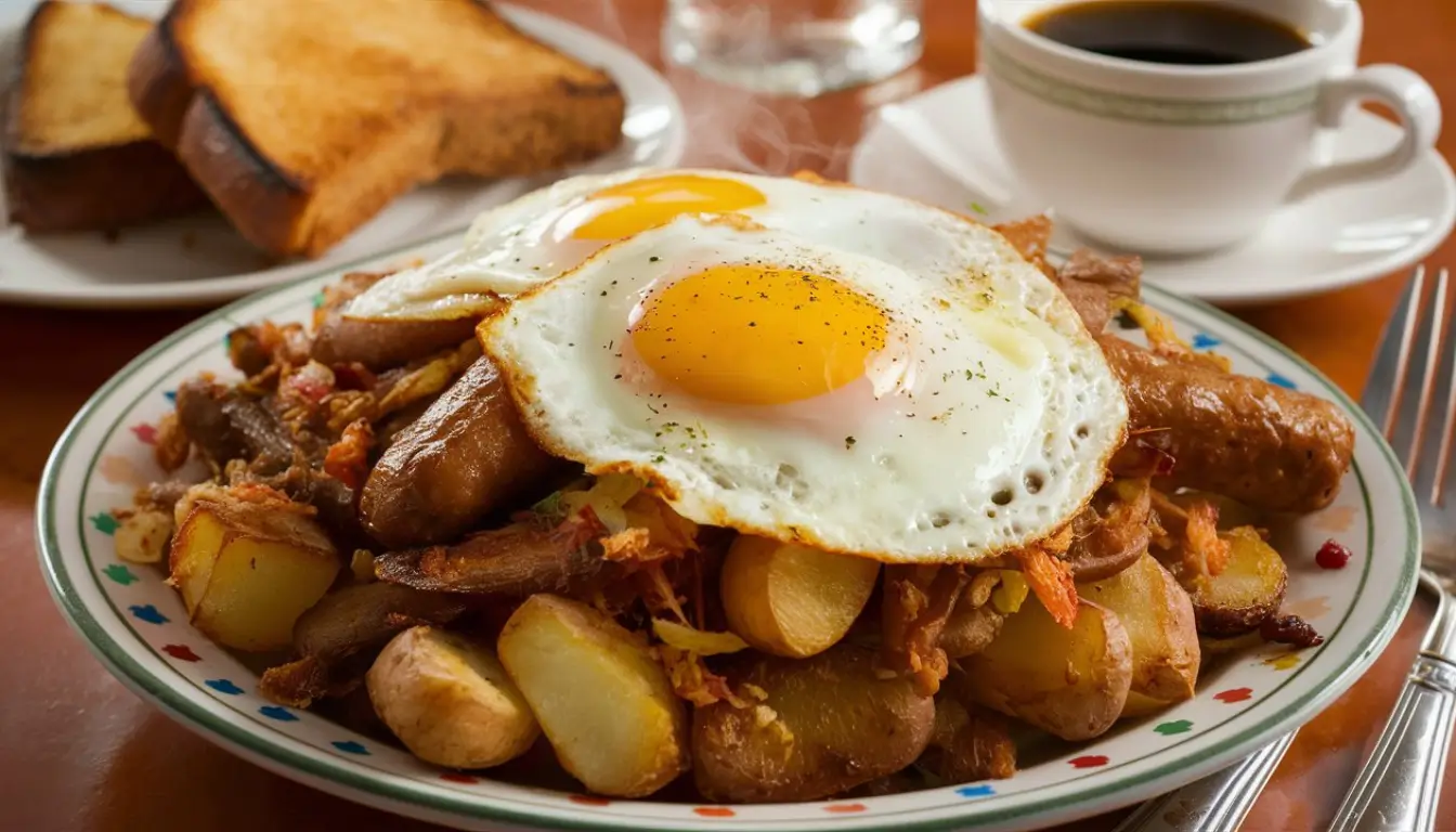 A flavorful breakfast hash with sausage, peppers, potatoes, and fried eggs.