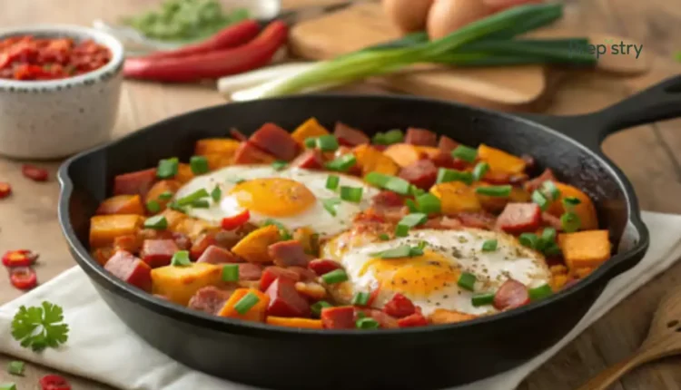 Skillet with sunny-side-up eggs, sweet potatoes, sausage, and green onions
