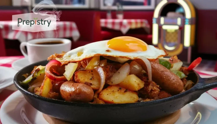 A savory breakfast hash featuring potatoes, sausage, and a fried egg on top.