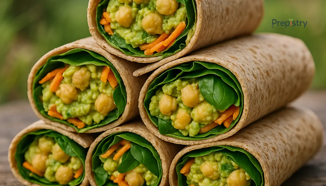 Trail-Ready Chickpea Avocado Salad Wraps Fresh avocado buffalo chickpea wraps stacked on a rustic wooden board outdoors