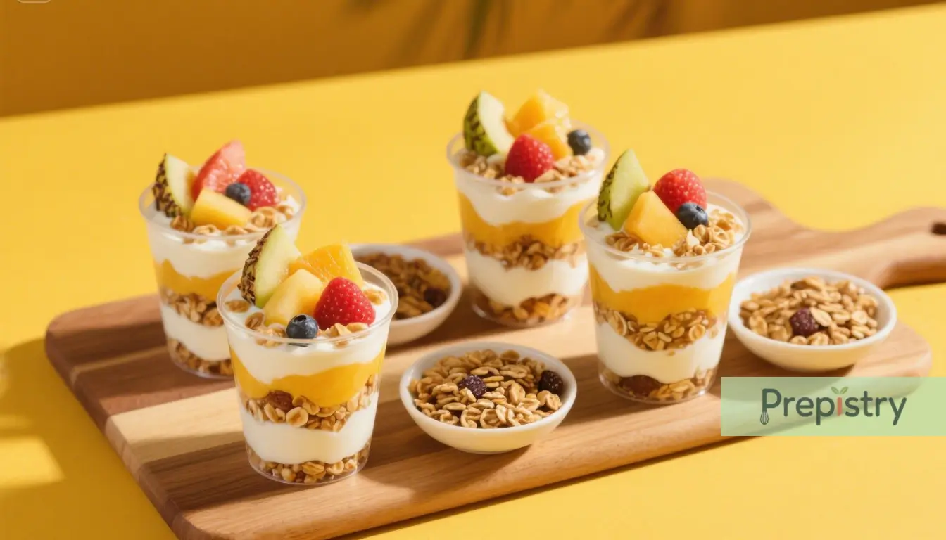 Tropical Sunrise Yogurt Parfaits Tropical yogurt parfaits with layers of fruit and granola, set on a wooden platter.