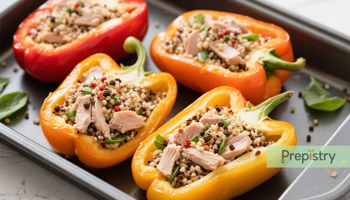 Turkey-Stuffed Bell Peppers with Quinoa Stuffed bell peppers with turkey, quinoa, and colorful spices on a baking tray.