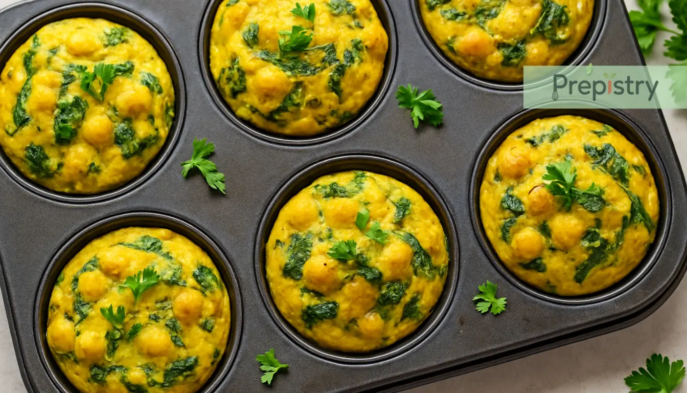 Turmeric Chickpea & Spinach Frittata Cups Golden turmeric frittata cups with chickpeas and spinach, topped with fresh parsley.