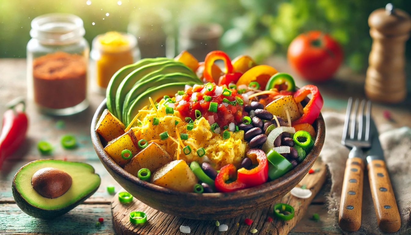 Veggie-Packed Breakfast Burrito Bowls Colorful veggie-packed breakfast burrito bowl with scrambled eggs, avocado, beans, and potatoes.