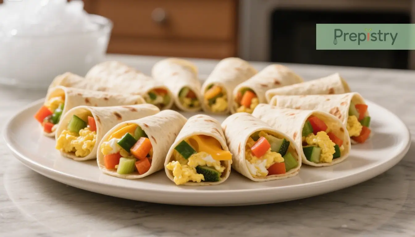 Veggie-Packed Breakfast Burritos Breakfast burritos with scrambled eggs, cheese, and fresh veggies like peppers and zucchini.