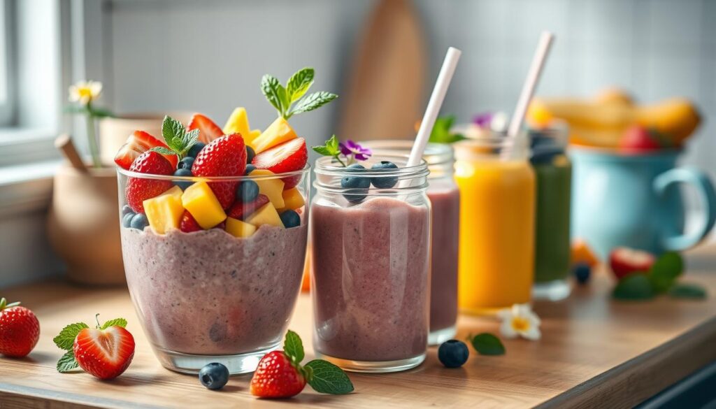 Vibrant, refreshing smoothie bowls filled with an array of colorful, juicy fruits like strawberries, blueberries, and mango, artfully arranged in a cozy, minimal kitchen setting. Smoothies with a creamy, icy texture poured into glass jars, garnished with fresh mint leaves and edible flowers, creating a visually stunning and inviting display. Soft, natural lighting illuminates the scene, highlighting the delicate textures and vibrant hues of the ingredients. Wooden surfaces and light blue accents provide a calming, earthy backdrop, evoking a sense of tranquility and a healthy, refreshing atmosphere.