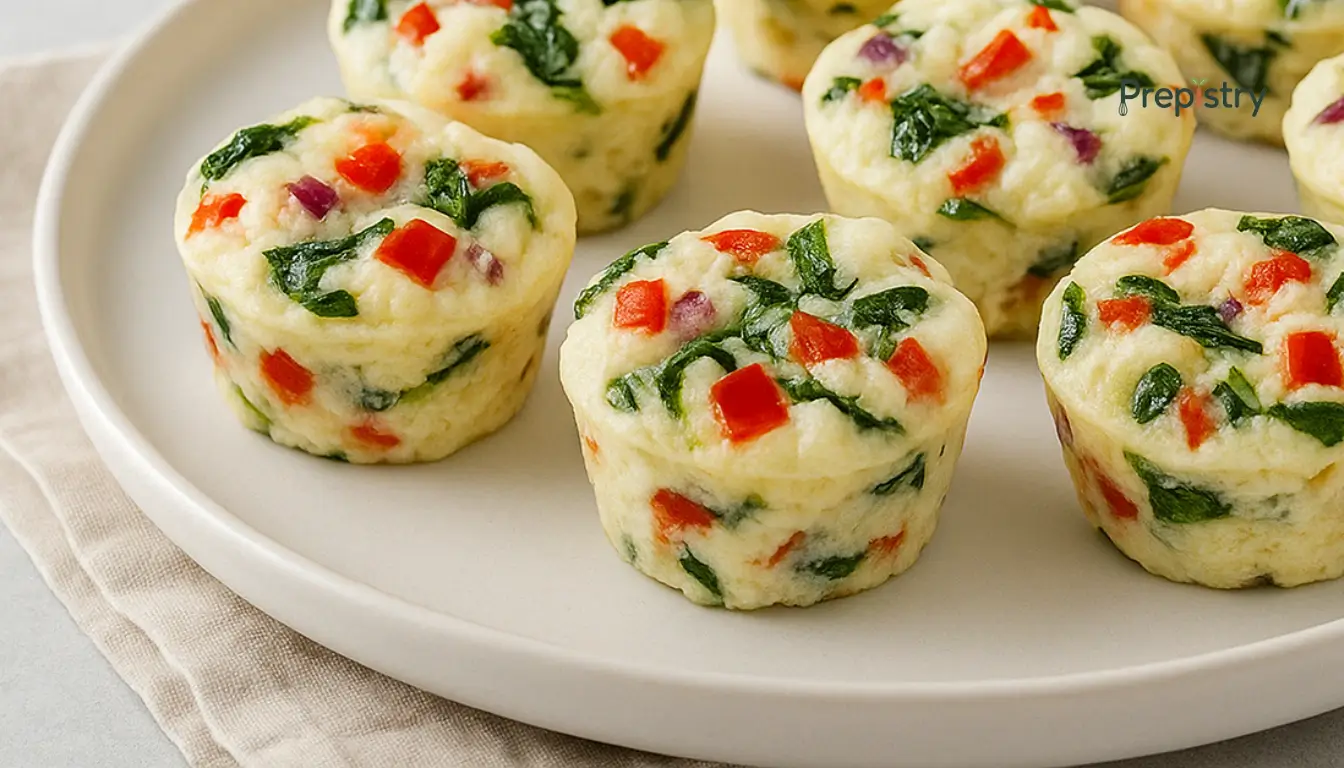 Whipped Egg White Veggie Cups Mini egg white veggie cups with red pepper, spinach, and onion on a white plate