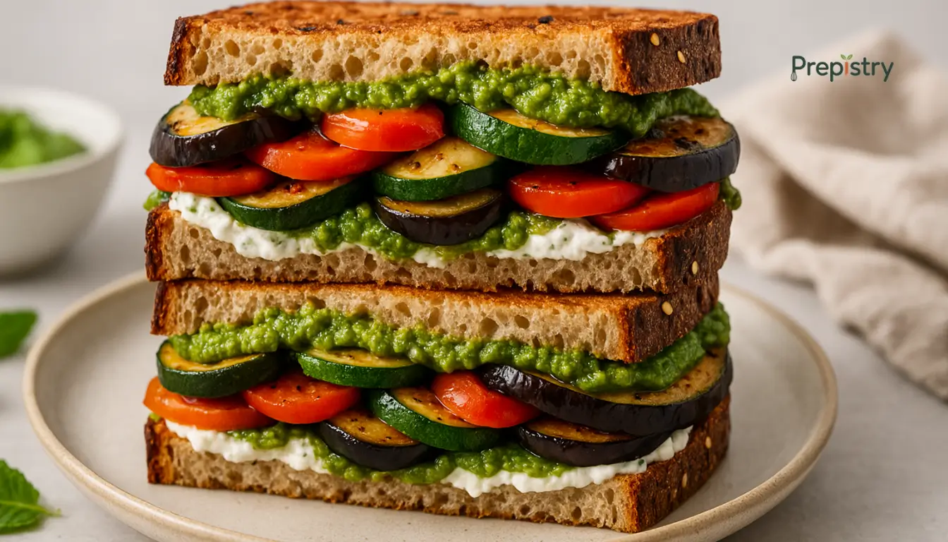 Whipped Feta & Roasted Veggie Sandwich Whipped feta and roasted veggie sandwich with vibrant mint-pea pesto on rustic bread