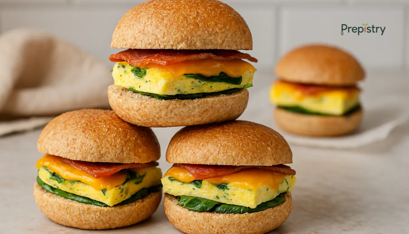 Whole Grain Freezer Breakfast Sliders Mini whole grain breakfast sliders with egg, spinach, turkey bacon, and cheddar cheese.