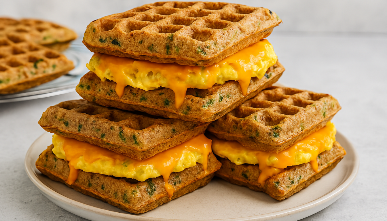 Whole Wheat Broccoli Cheddar Waffle Sandwiches Savory waffle breakfast sandwiches with scrambled eggs and melted cheddar cheese.