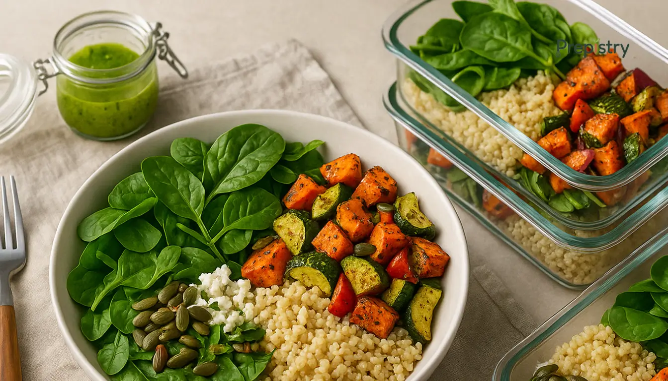 Za’atar Roasted Veggie Grain Bowls with Lemon-Herb Dressing Grain bowls with spinach, roasted veggies, couscous, seeds, and lemon-herb dressing