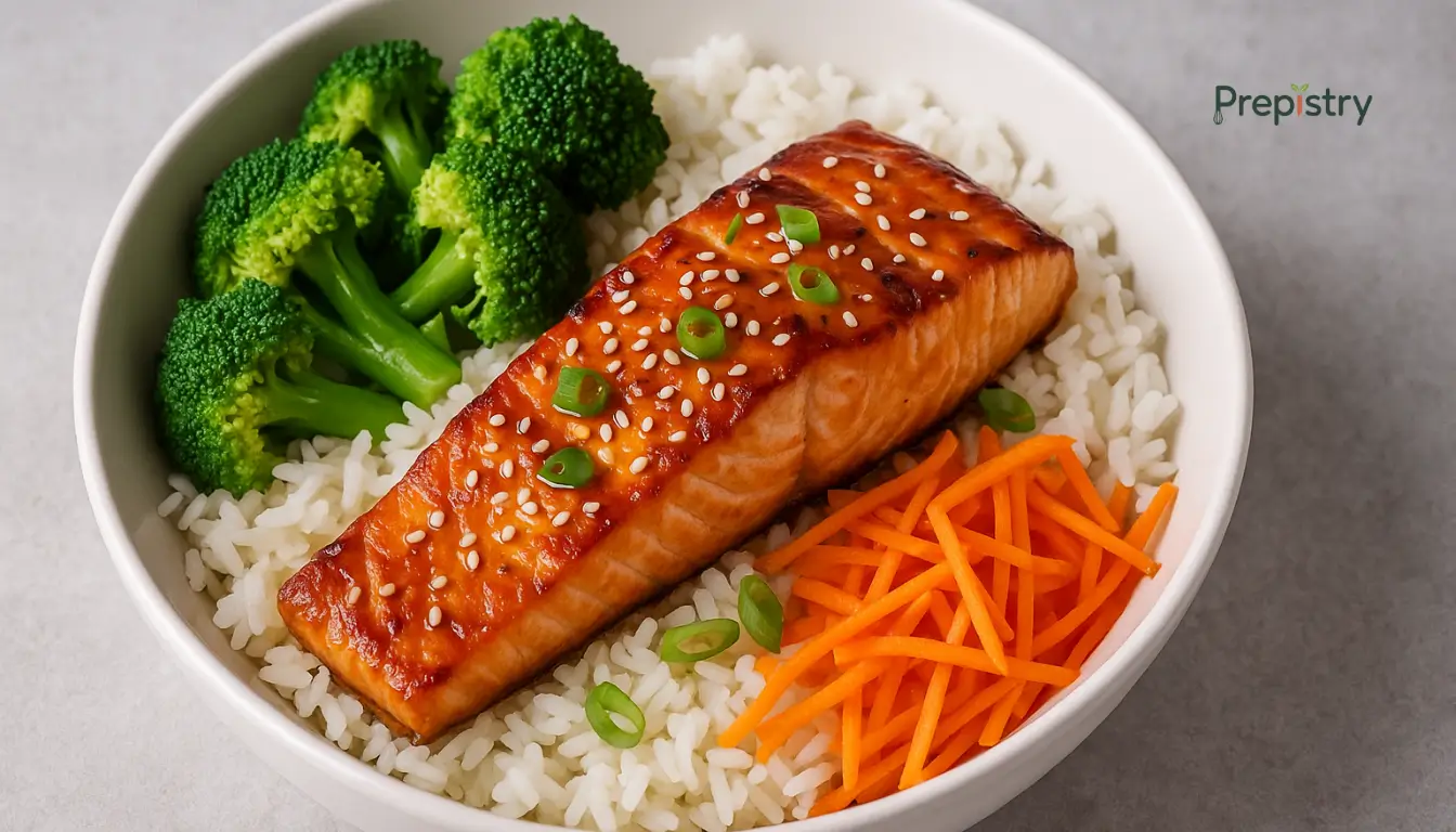Zesty Orange-Ginger Salmon Bowls Orange-ginger salmon on white rice with broccoli, carrots, and sesame seeds