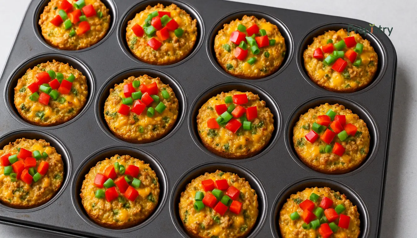 Zesty Turkey and Quinoa Breakfast Casserole Cups Baked turkey and quinoa egg cups topped with diced red and green bell peppers in a muffin tin.