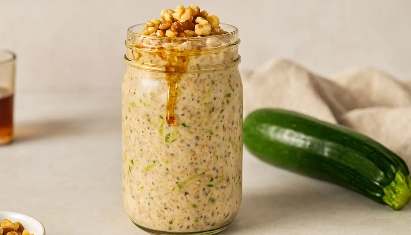 Zucchini Bread Overnight Oats Jar of zucchini bread overnight oats topped with walnuts and maple syrup drizzle