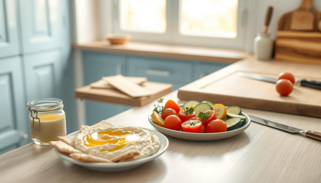 a bright and airy minimal kitchen with light blue accents and warm wooden textures, a plate with freshly prepared hummus, pita wedges, cherry tomatoes, and sliced cucumbers arranged neatly on the table, a jar of tahini and a small bowl of olive oil nearby, a cutting board and a chef's knife resting on the counter, the scene bathed in soft, natural lighting coming through a large window, capturing the simple and effortless process of assembling a quick and healthy lunchbox meal