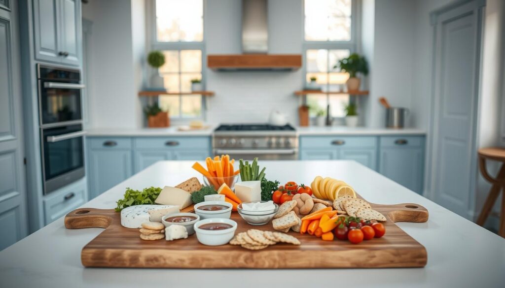 a chic and minimalist kitchen with light blue accents, crisp white walls, and warm wooden textures. on a large wooden cutting board, an assortment of artisanal cheeses, colorful vegetables, crackers, and various dipping sauces are arranged in a visually appealing and customizable layout. the arrangement is well-balanced, with the different elements complementing each other in both color and texture. soft, natural lighting from large windows fills the space, creating a cozy and inviting atmosphere. the overall impression is one of simplicity, creativity, and the joy of crafting a personalized, nourishing lunchbox.
