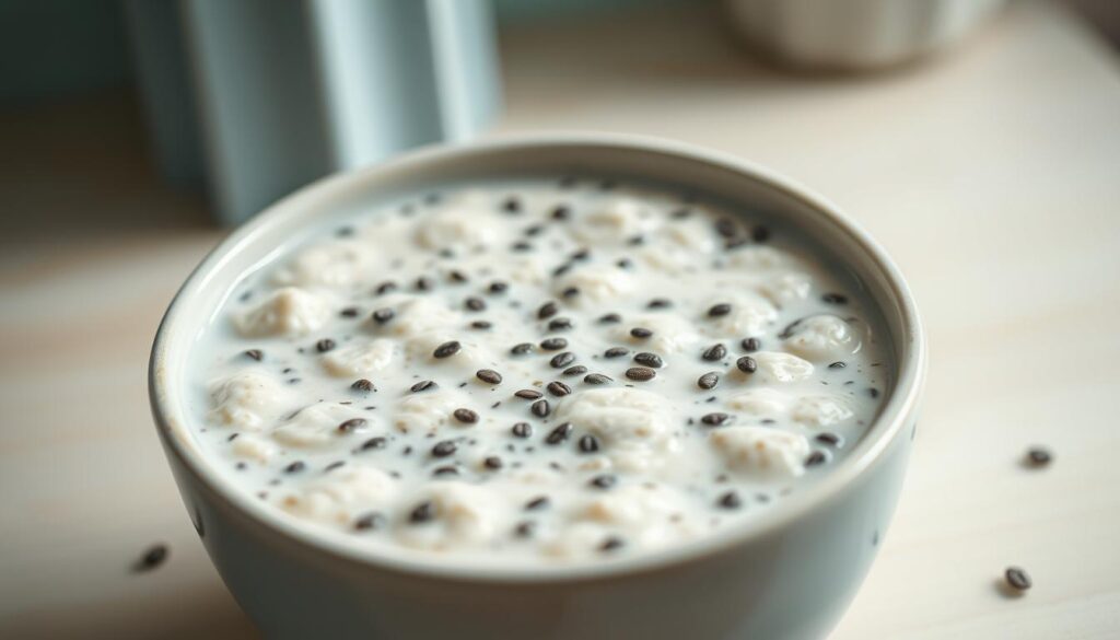 a close-up macro photograph of a bowl of soaked oats with chia seeds, showcasing the soft, creamy texture of the oats and the small, black chia seeds scattered throughout. The oats have a slightly swollen, gelatinous appearance, and the chia seeds are suspended in the milky liquid. The lighting is soft and diffused, creating a warm, inviting atmosphere. The background is a simple, clean wooden surface with light blue accents, suggesting a minimal, cozy kitchen setting.