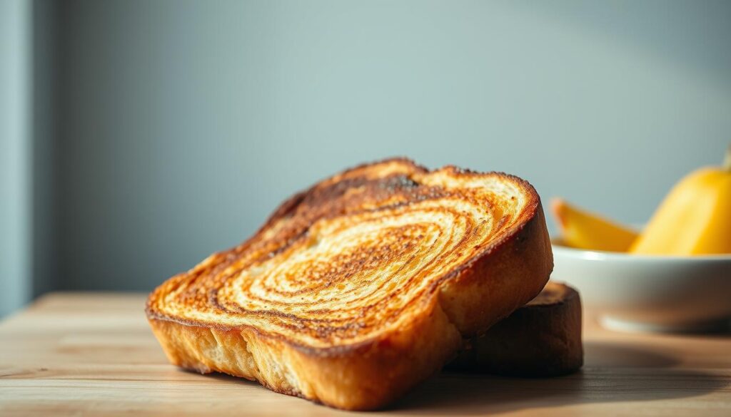 a close-up photograph of a thick, golden-brown slice of freshly made french toast, its surface textured with delicate ridges and a crisp, caramelized crust. The bread is soft and custard-like in the center, with a mouthwatering sheen from the butter or oil used in the cooking process. The lighting is warm and natural, casting a glow over the toast and highlighting the intricate patterns of the cooked egg batter. The scene is set against a clean, minimalist backdrop of light blue walls and wooden surfaces, creating a cozy, inviting atmosphere perfect for a low-sugar breakfast with a homemade fruit compote.