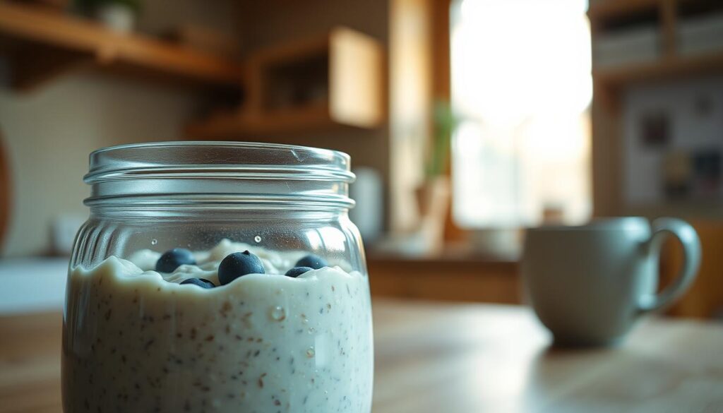 a close-up view of freshly made overnight oats with a creamy, velvety texture, showcasing the natural sweetness of the oats, accented by a light blue hue in a cozy, minimalist kitchen setting with warm wooden tones, soft natural lighting from a window illuminating the delectable dish, capturing the essence of a nourishing and comforting start to the day