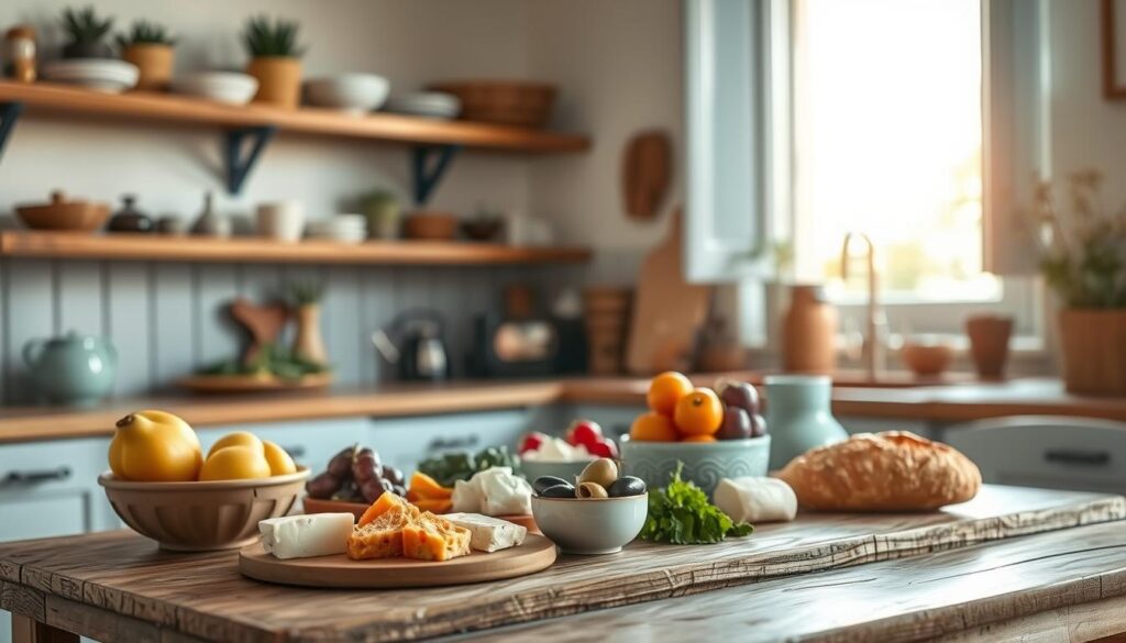 a cozy mediterranean kitchen with wooden shelves, light blue accents, and an assortment of budget-friendly mediterranean lunch items arranged neatly on a rustic wooden table, including fresh produce, olives, cheeses, and a small loaf of crusty bread, all illuminated by warm natural lighting from a window, creating a simple and inviting atmosphere for a healthy, affordable mediterranean-style meal