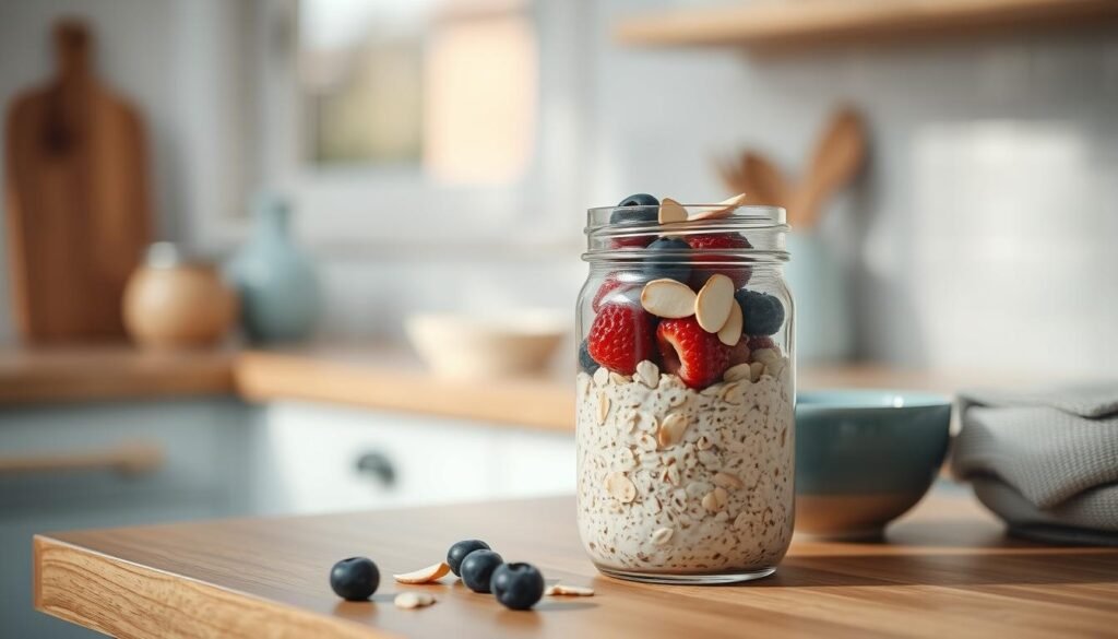 a cozy minimal kitchen counter with a mason jar filled with raw, rolled oats, topped with fresh berries, sliced almonds, and a drizzle of honey, set against a backdrop of wooden textures and light blue accents, lit by soft, natural lighting from a nearby window, captured with a shallow depth of field to draw the eye to the delicate details of the overnight oats preparation
