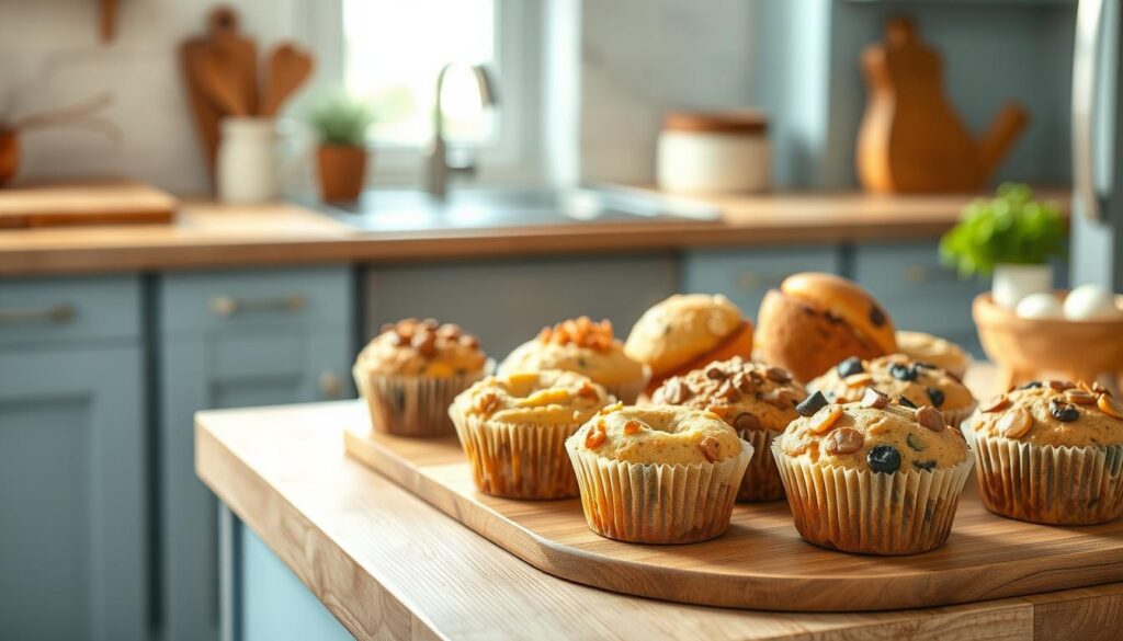 a cozy, minimal kitchen environment with wooden textures and light blue accents, showcasing an arrangement of various muffin variations on a wooden cutting board. The muffins are freshly baked, with different toppings, fillings, and shapes to represent the customization options. The lighting is soft and natural, highlighting the textural details of the muffins and the warm, inviting atmosphere of the kitchen. The scene conveys a sense of creativity, experimentation, and the versatility of protein-rich breakfast muffins that can be easily prepared in an air fryer.