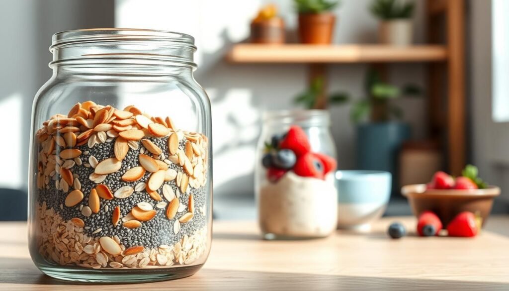 a cozy minimal kitchen environment with wooden textures and light blue accents. In the foreground, a glass container filled with various overnight oats ingredients: rolled oats, chia seeds, sliced almonds, and a drizzle of honey. In the middle ground, a mason jar with overnight oats and fresh berries, along with a small bowl of Greek yogurt. In the background, a simple wooden shelf with a few potted plants, casting soft, natural lighting across the scene. The overall mood is clean, wholesome, and inviting, reflecting the healthy and satisfying nature of the perfect overnight oats.