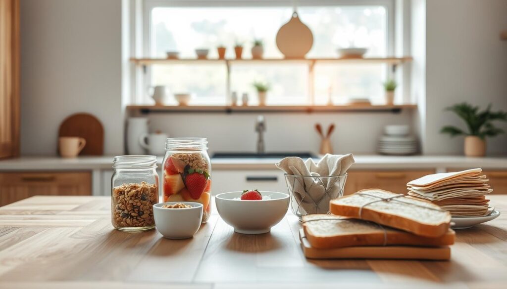 a cozy, minimal kitchen environment with wooden textures and light blue accents. In the foreground, an organized array of breakfast items neatly arranged on a wooden table, including mason jars filled with granola, fresh fruits, a small ceramic bowl of yogurt, and a stack of whole grain toast. In the middle ground, open shelves display a variety of breakfast-themed items such as ceramic mugs, linen napkins, and a small potted plant. The background features a large window overlooking a peaceful garden, allowing natural light to flood the space and create a calming, serene atmosphere. The overall mood is one of tranquility and mindful preparation, reflecting the 