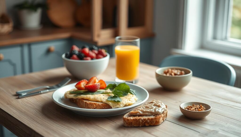 a cozy, minimal kitchen environment with wooden textures and light blue accents. on a wooden table, a healthy breakfast spread featuring a bowl of fresh berries, a glass of freshly squeezed orange juice, a plate of scrambled eggs with avocado and spinach, a slice of whole grain toast with nut butter, and a small ceramic dish of homemade granola. the lighting is soft and natural, perhaps from a large window, casting a warm glow over the scene. the overall composition is clean, simple, and inviting, highlighting the nourishing and satisfying qualities of this quick and healthy breakfast.