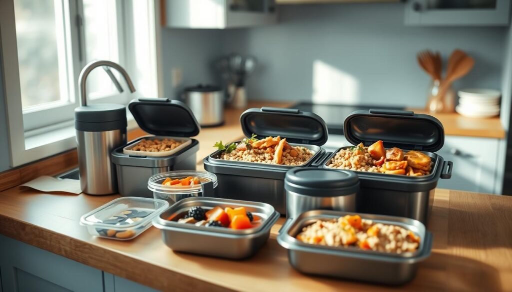 a cozy, minimal kitchen in soft natural light, with wooden countertops and cabinets, accented by light blue tones. On the counter, several simple, budget-friendly thermos containers hold a variety of hearty, homemade meals - from savory stews to healthy grain bowls. The scene conveys an atmosphere of efficiency and cost-consciousness, perfect for meal prepping workday lunches that stay hot and flavorful.
