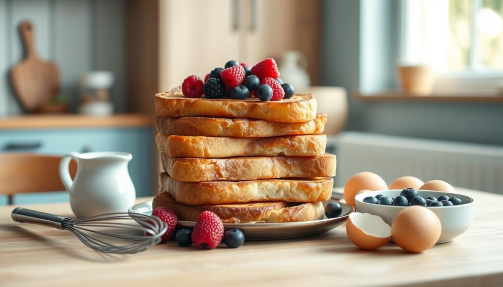 a cozy, minimal kitchen interior with warm wooden textures and light blue accents, on a wooden table or countertop: a stack of freshly baked golden brown french toast slices, a bowl of fresh berries, a small pitcher of maple syrup, a whisk, and a couple of eggs in their shells, all arranged in an inviting, natural still life composition with soft, natural lighting from a window or overhead fixture, capturing the essential ingredients for a delicious low-sugar breakfast french toast with fruit compote.