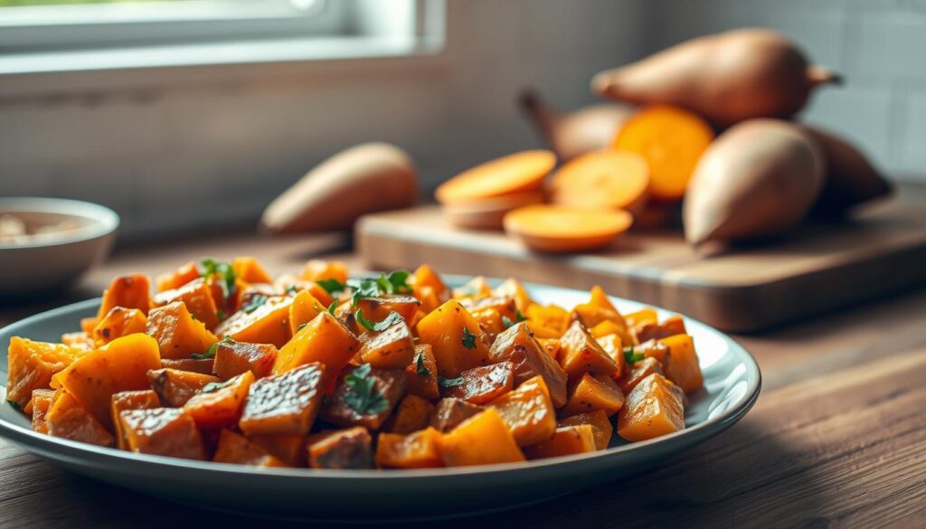 a cozy minimal kitchen setting with warm wooden textures and light blue accents. In the foreground, a plate arranged with freshly roasted sweet potato hash, drizzled with olive oil and garnished with chopped parsley. The hash is vibrant in color, exhibiting a delicate balance of soft, caramelized edges and tender flesh. In the middle ground, various whole sweet potatoes, sliced and ready for preparation, sit atop a rustic wooden cutting board. The background features simple white subway tiles and a window allowing soft, natural light to flood the space, creating a welcoming and appetizing atmosphere.
