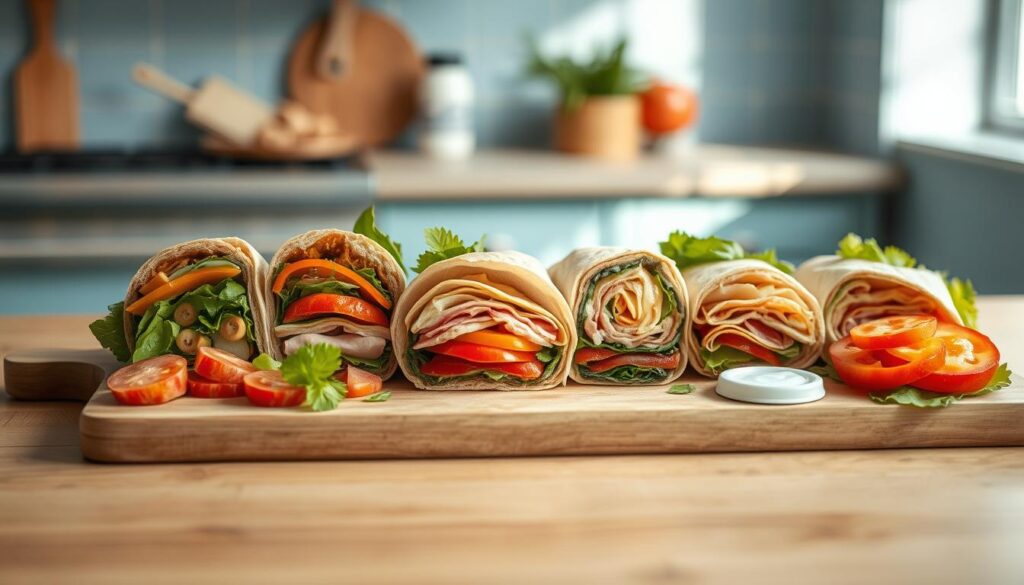 a cozy, minimal kitchen with light blue accents and wooden textures, showcasing an array of creative sandwich and wrap ideas on a wooden cutting board. Various fresh ingredients, such as sliced vegetables, meats, cheeses, and spreads, are arranged in an artful, appetizing manner, inviting the viewer to imagine the flavorful combinations. The scene is illuminated by soft, natural lighting, capturing the simplicity and versatility of these no-heat, road trip-friendly lunchbox meals.