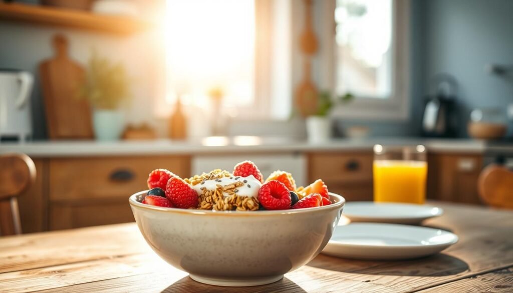 a cozy, minimal kitchen with warm wooden textures and light blue accents. In the foreground, a ceramic bowl filled with a nutrient-dense breakfast: creamy yogurt, fresh berries, crunchy granola, and a sprinkling of chia seeds. Sunlight streams in through a nearby window, casting a soft, natural glow over the scene. The bowl is placed on a rustic wooden table, with a simple white plate and a glass of fresh juice nearby. The overall atmosphere is one of simplicity, nourishment, and wellbeing.