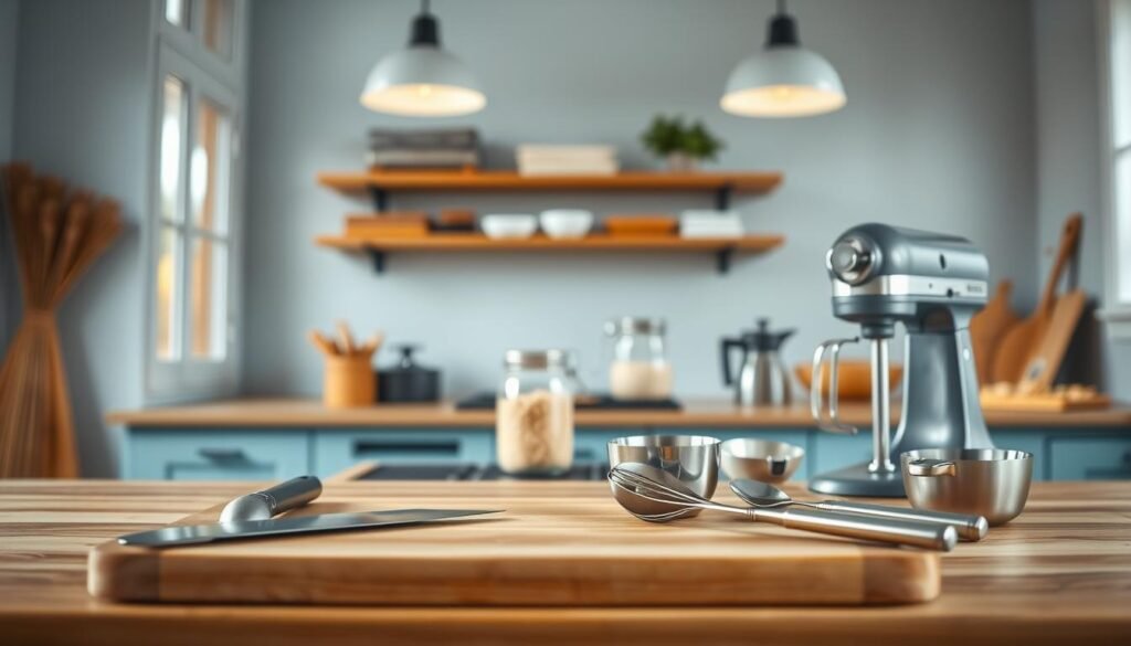 a cozy minimal kitchen with warm wooden textures, light blue accents, and no hands. in the foreground, a collection of essential cooking tools neatly arranged: a sleek chef's knife, a sturdy cutting board, a versatile spatula, a reliable hand mixer, and a set of stainless steel measuring cups and spoons. in the middle ground, a few glass jars filled with dry ingredients like grains and spices. in the background, the soft glow of pendant lights illuminates the space, creating a sense of calm efficiency. the overall mood is one of thoughtful organization, inviting the viewer to envision a well-prepared and productive meal prepping session.