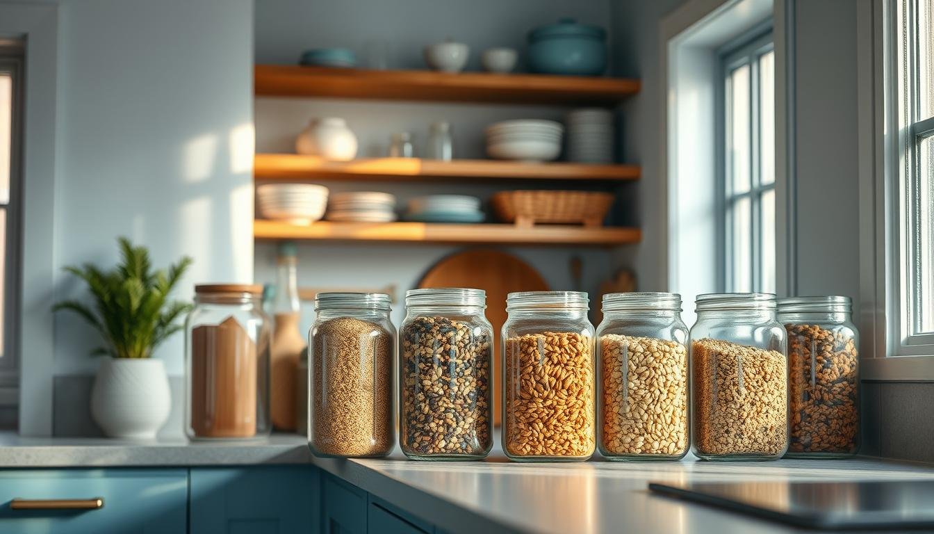a cozy, minimal kitchen with wooden shelves, light blue accents, and a row of glass meal prep storage jars arranged neatly on the counter. The jars are filled with various grains, seeds, and dried fruits, creating a visually appealing and organized display. Soft, natural lighting from a window casts a warm glow across the scene, highlighting the textures and colors. The overall atmosphere is serene and inviting, evoking a sense of mindful, healthy meal preparation.