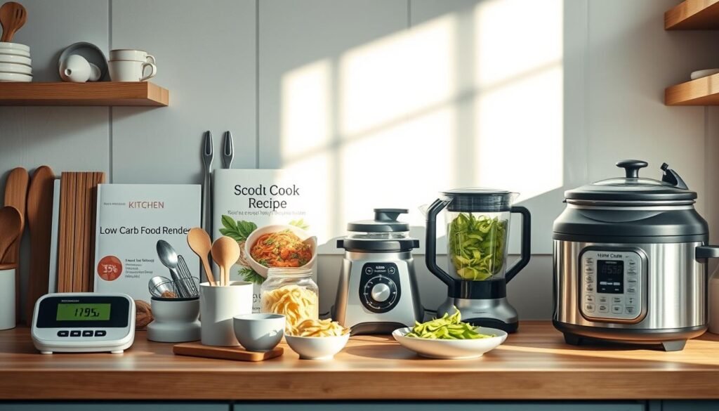 a cozy, minimal kitchen with wooden textures and light blue accents, featuring an assortment of diabetic-friendly kitchen tools including a digital food scale, a low-carb recipe book, a set of measuring cups and spoons, a spiralizer for veggie noodles, a blender for healthy smoothies, and a slow cooker for easy meal prep, all arranged neatly on the countertop with natural lighting creating soft shadows and highlights, conveying a sense of organization and simplicity for controlling blood sugar through nutritious home-cooked meals